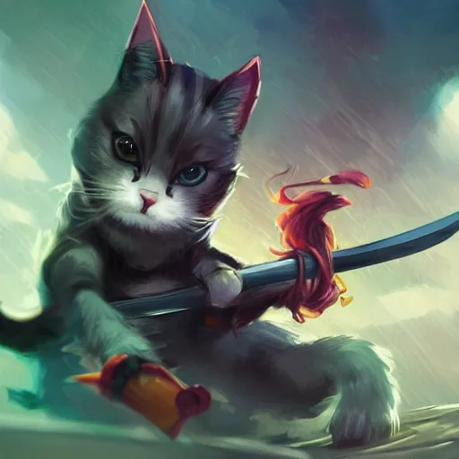 Image similar to cute and fluffy ninja hack'n slash cat fighting with a cool sword, full body, artstation, highly detailed, colorfull, digital painting, deep focus, sharp, smooth, rossdraws, by jason felix by steve argyle by tyler jacobson by peter mohrbacher, cinematic lighting, smooth, sharp focus, hd wallpaper, cinematic