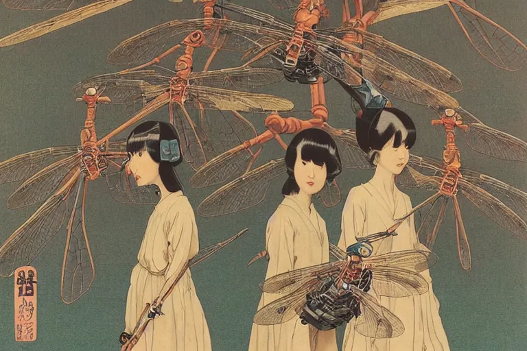 Image similar to gigantic dragonflies with human faces catch tiny robots, a lot of exotic mechas robots around, human heads everywhere, risograph by kawase hasui, dirtyrobot, edward hopper, satoshi kon and moebius, colorful flat surreal design, super - detailed, a lot of tiny details, fullshot