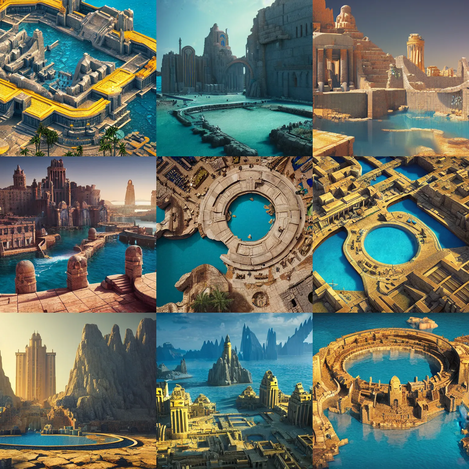 Prompt: atlantis, ancient city, establishing shot, wide angle, epic scale, raytracing, highly detailed, digital art, blue yellow gold color pallet, amr elshamy, filip hodas, brian miller, octane render