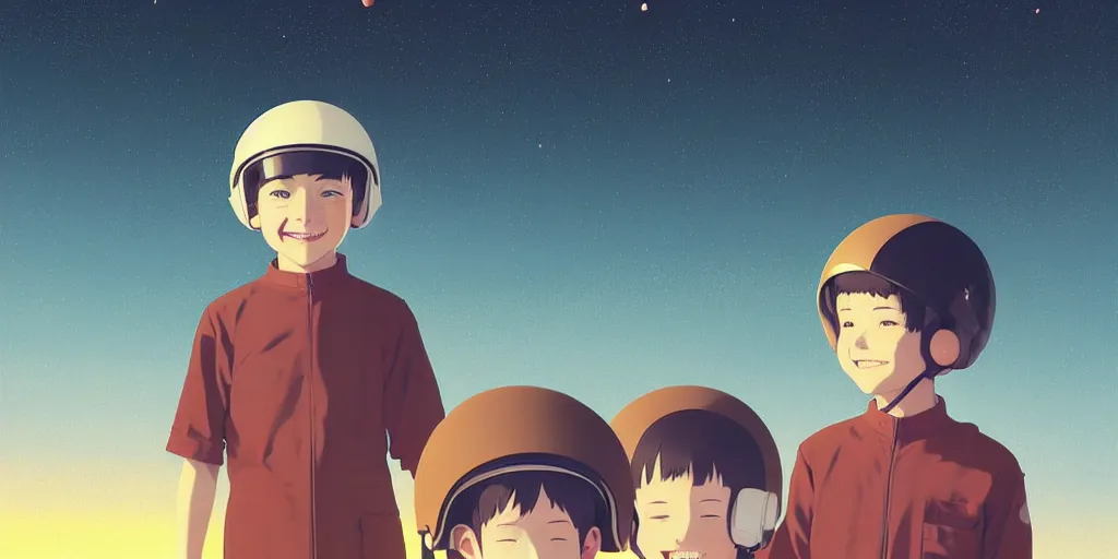 Prompt: portrait of a smiling boy with astronaut helmets by ilya kuvshinov, cloudy sky background lush landscape ln illustration concept art anime key visual trending pixiv by victo ngai fanbox by greg rutkowski makoto shinkai takashi takeuchi studio ghibli