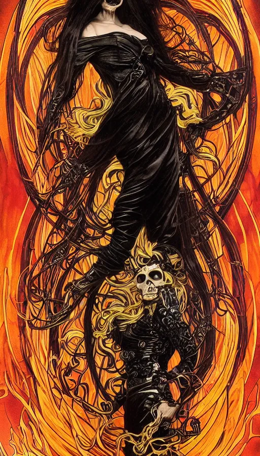 Prompt: full body portrait of a finely detailed beautiful!!! feminine cyberpunk ghost rider with skull face and long flowing hair made of fire and flames, dressed in black leather, by Alphonse Mucha, designed by H.R. Giger, legendary masterpiece, stunning!, saturated colors, black background, viewed from medium distance away so the full body is visible, trending on ArtStation