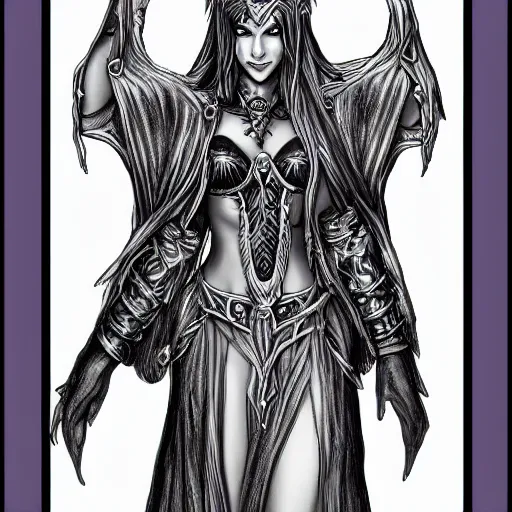 Image similar to dark elf sorceress who is summoning a demon in the style of warhammer fantasy : : head and shoulders drawing