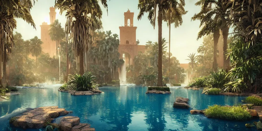 Prompt: beautiful oasis waterfalls surrounded by palm trees, Moroccan tile archways, date trees, ivory towers, sun setting, ross tran, nephilim, pyroclastic flow, ethereal, fantasy, James Jean, oozium, peter morbacher, angelarium, alchemy, luxury, heavenly light, Soft illumination, Trending on artstation, Cinematic Lighting, digital painting, octane render, artgerm