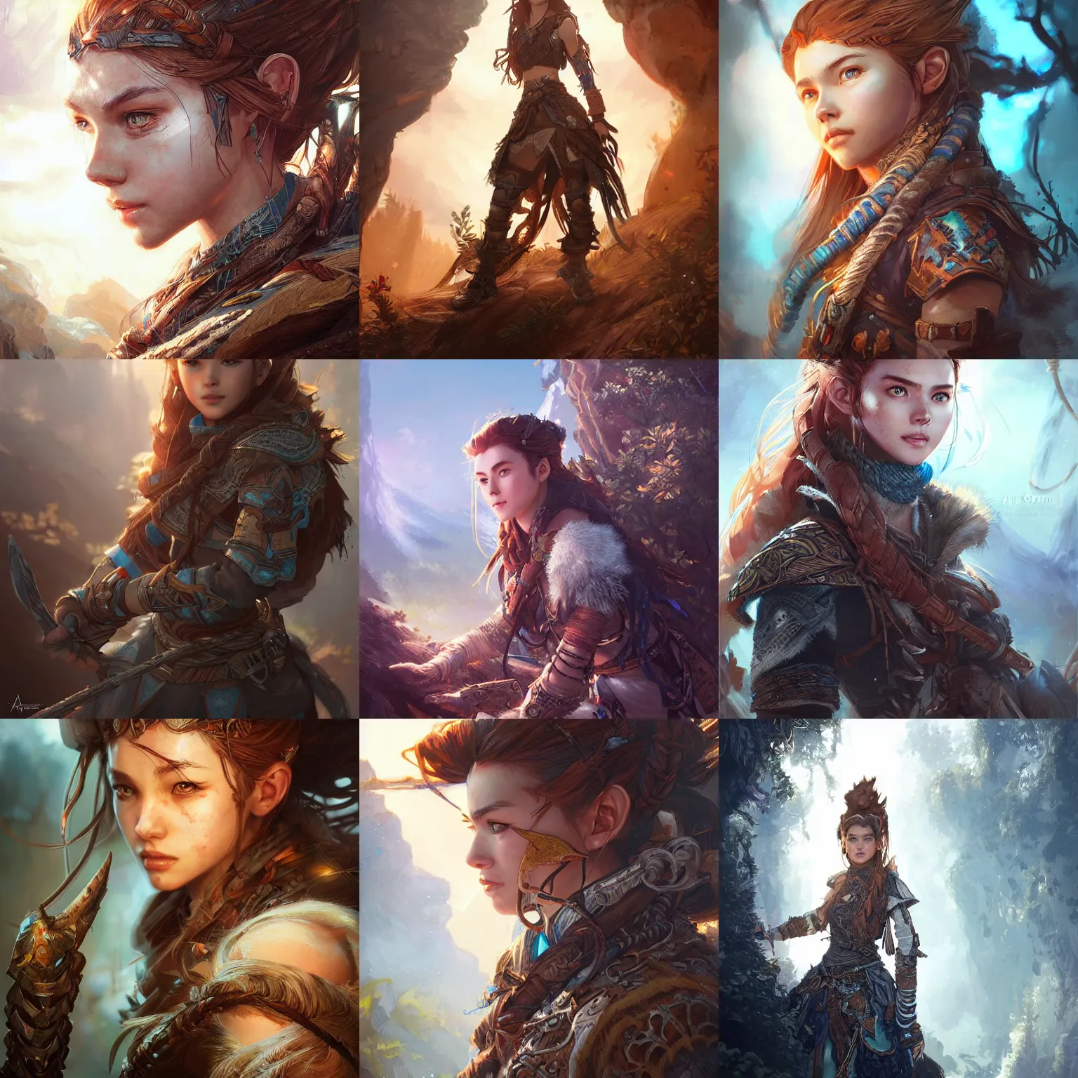 Prompt: a painting of aloy by ross tran and artgerm, highly detailed digital art, intricate environment, atmospheric lighting, deviantart