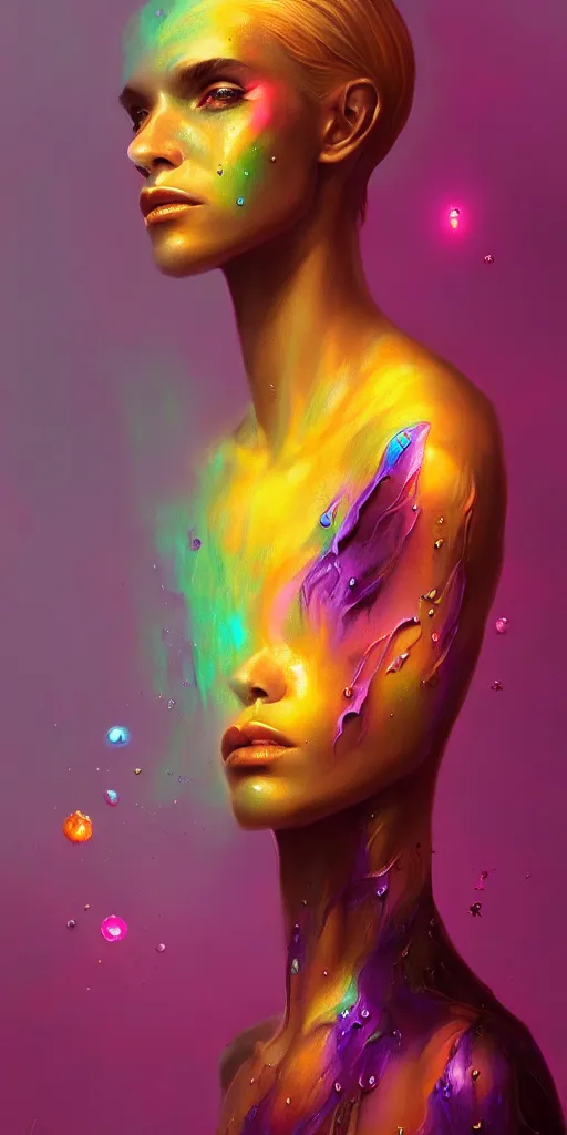 Prompt: 👾👗🛸🌈🧛🏾♀, phantom, dreary, flowers, dramatic, fluid, iridescent, golden ratio, artstation, moebius + loish + wlop, hd, oil painting, hyper realistic,