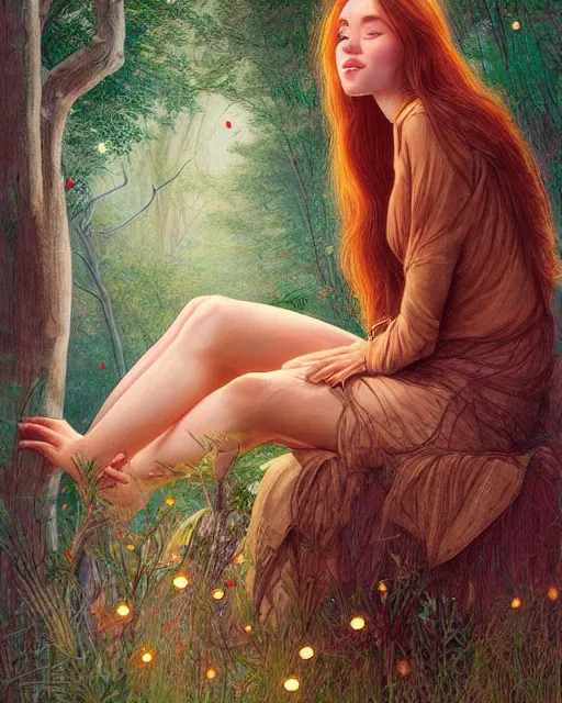 Image similar to a young woman, amazed by the lights of golden fireflies, sitting in the midst of nature fully covered, long loose red hair, intricate linework, open green eyes, small nose with freckles, oval shape face, soft happy smile, realistic, expressive emotions, mystical scene, hyper realistic ultrafine detailed illustration by james jean and albert bierstadt and artgerm