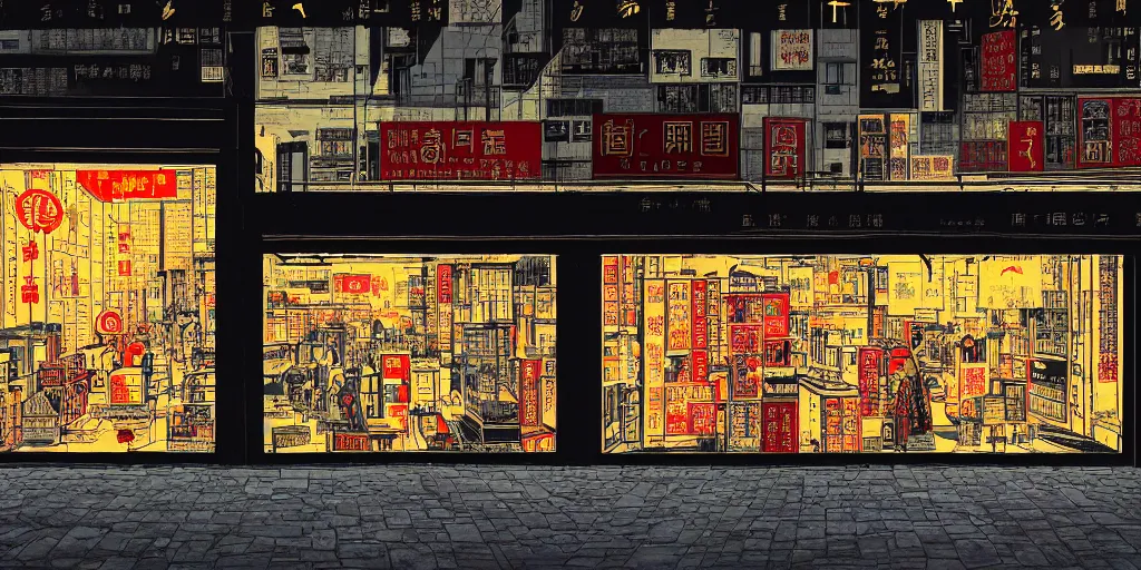 Image similar to a shop window in hong kong, by dan mumford and peter doig and edward hopper, minimal, black in, thick black lines highly detailed, muted colours, overlaid with chinese adverts, 8 k