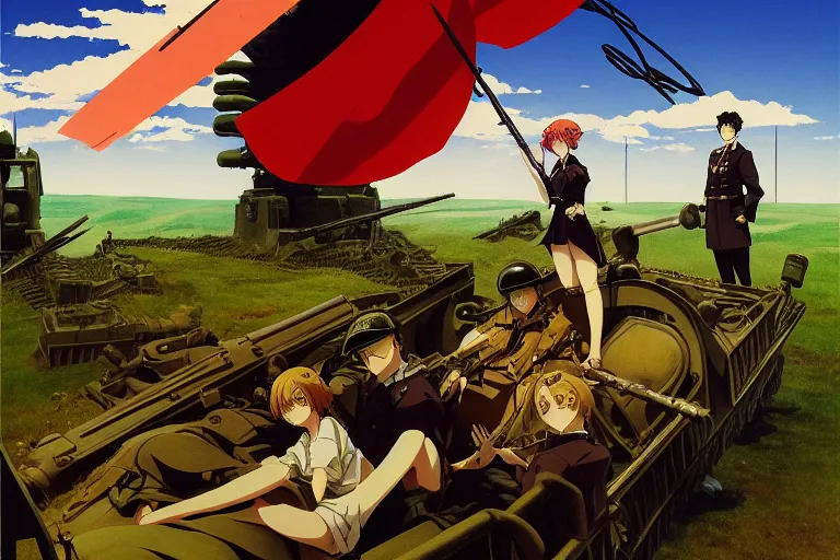 Image similar to anime key visual depicting the horrors of the 1 9 1 8 great war, anime maids riding early tanks, matriarchy, old bolt action rifles, biplanes in the sky, blood anguish terror death, style of jamie wyeth james gilleard edward hopper greg rutkowski acrylic painting, preserved museum piece, historical