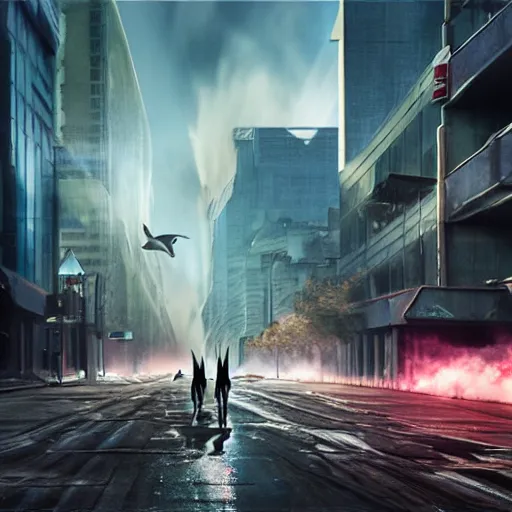 Image similar to apocalyptic, dolphin aliens walking on the future streets. smoke. volumetric lighting, sharp focus, ultra detailed, cgsociety - w 1 0 2 4 - n 8 - i