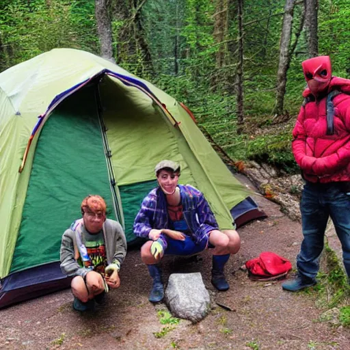 Prompt: teenage mutant ninja turtles camping, british columbia, nationak park, log fire, tent, style of 9 0 s super hero comics