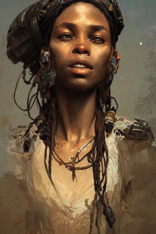 Prompt: A full portrait of a beautiful post apocalyptic African explorer, intricate, elegant, highly detailed, digital painting, artstation, concept art, smooth, sharp focus, illustration, art by Krenz Cushart and Artem Demura and alphonse mucha