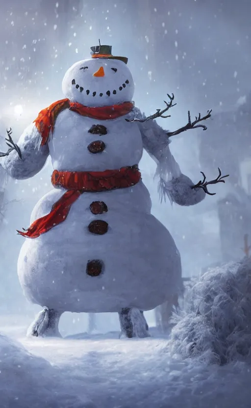 Image similar to a a full body portrait of giant jack frost the snowman in the middle of a village in the snow, dynamic lighting, photorealistic fantasy concept art, trending on art station, stunning visuals, creative, cinematic, ultra detailed