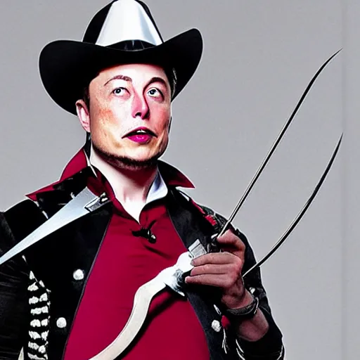 Image similar to photo of elon musk as a musketeer, he has a big black hat with a red feather and he is holding a shiny rapier sword