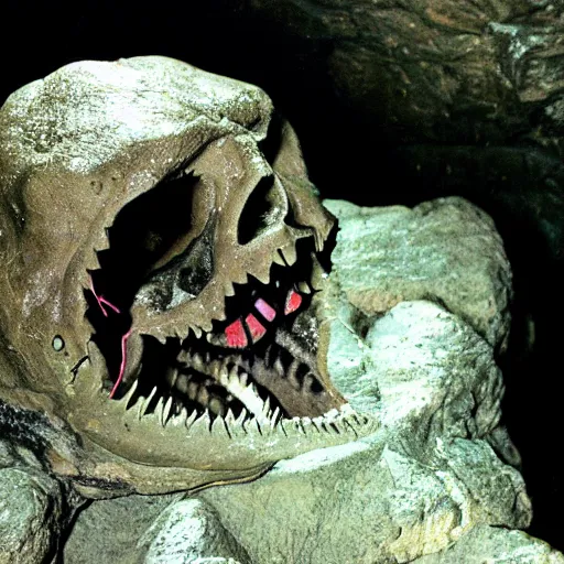 Image similar to photo inside a cavern of a wet reptilian humanoid partially hidden behind a rock, with black eyes and big teeth