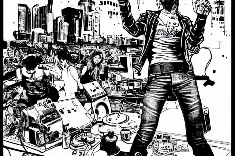 Image similar to david guetta djing with a turntable, a page from cyberpunk 2 0 2 0, style of paolo parente, style of mike jackson, adam smasher, johnny silverhand, 1 9 9 0 s comic book style, white background, ink drawing, black and white