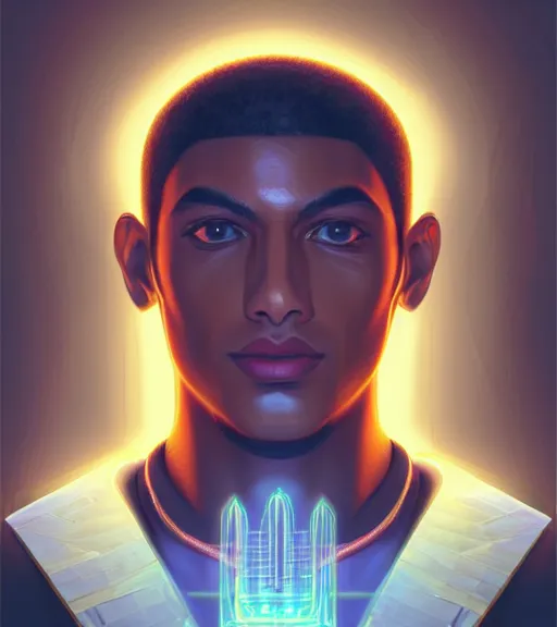 Image similar to symmetry!! egyptian prince of technology, solid cube of light, hard edges, product render retro - futuristic poster scifi, lasers and neon circuits, brown skin man egyptian prince, intricate, elegant, highly detailed, digital painting, artstation, concept art, smooth, sharp focus, illustration, dreamlike, art by artgerm