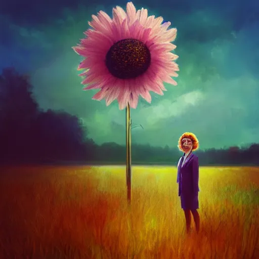 Prompt: large daisy flower head, frontal, a girl in a suit, surreal photography, sunrise, dramatic light, impressionist painting, digital painting, artstation, simon stalenhag