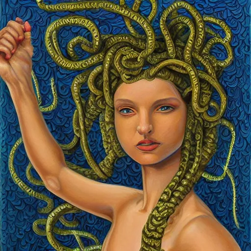 Prompt: highly intricate, detailed painting of medusa by greg rutowski