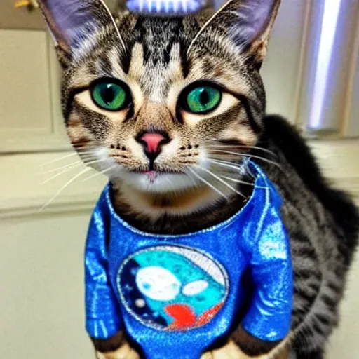 Image similar to a cat is wearing space suit