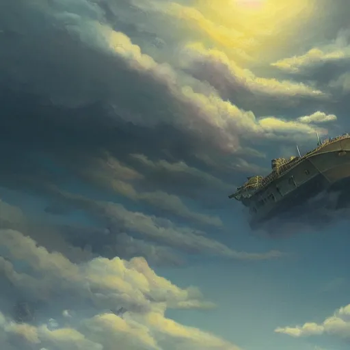 Prompt: a painting of a ship floating in the sky, a detailed matte painting by hayao miyazaki, cgsociety, sots art, official art, matte drawing, matte painting