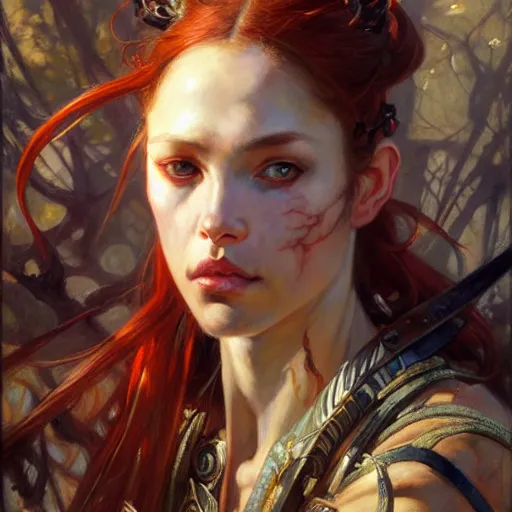 Image similar to highly detailed portrait of a d & d female protagonist. art by donato giancola, eugene delacroix, ruan jia, carl larsson, peter mohrbacher. trending on artstation, intricate details, energetic composition, golden ratio, concept art, illustration, elegant art, global illumination