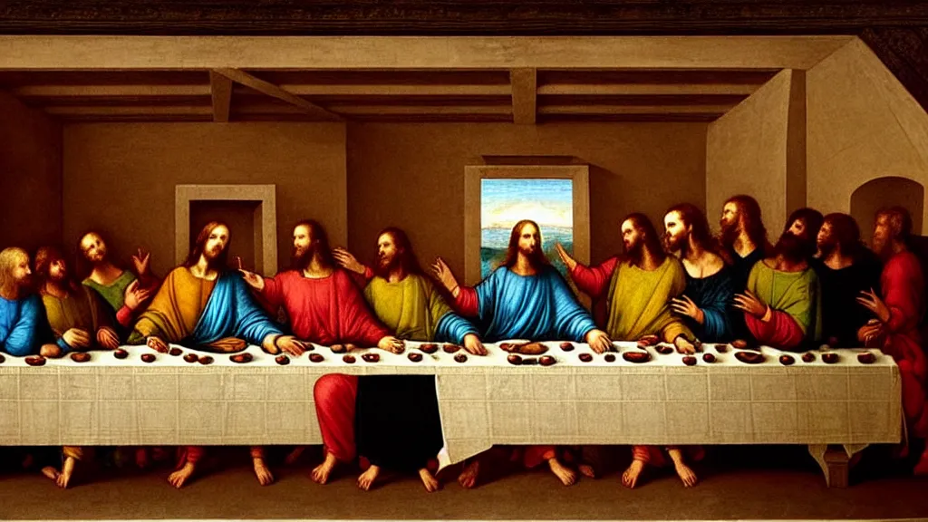 Prompt: 'Boris Johnson'!!!!!!!!!! as! a! person!!! in the ((last supper)) by Leonardo, a British hall is the background