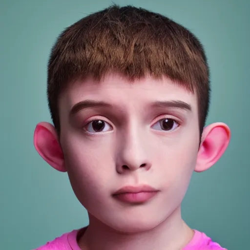 Image similar to small boy with pink skin, thick lips, very pink face, thin eyebrows, short light brown hair, puffy face, small ears, high on edibles