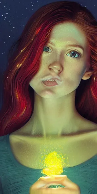 Image similar to an amazed young woman surrounded by golden firefly lights in a mesmerizing scene, sitting amidst nature fully covered, long loose red hair, precise linework, accurate green eyes, small nose with freckles, smooth oval shape face, empathic, bright smile, expressive emotions, hyper realistic portrait by artemisia gentileschi, jessica rossier, boris vallejo