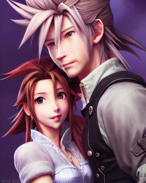 Image similar to character concept art of aerith gainsborough together with cloud strife at gold saucer, istinct - fine, key visual, realistic shaded perfect face, fine details by stanley artgerm lau, wlop, rossdraws, james jean, andrei riabovitchev, marc simonetti, sakimichan, and jakub rebelka, trending on artstation