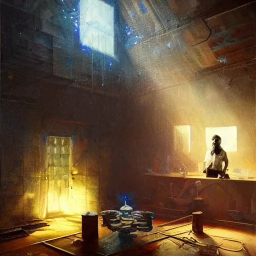 Prompt: an artist in his workshop discovering a strange abstract alien otherworldly new form of matter, vivid caustics, realistic photography, beautiful interior, hyperrealism, incredible, award - winning photography, by greg rutkowski, lovecraftian