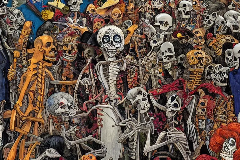 Image similar to scene from exhibition at the museum of modern art, day of all the dead, skeletons, artwork by jean giraud