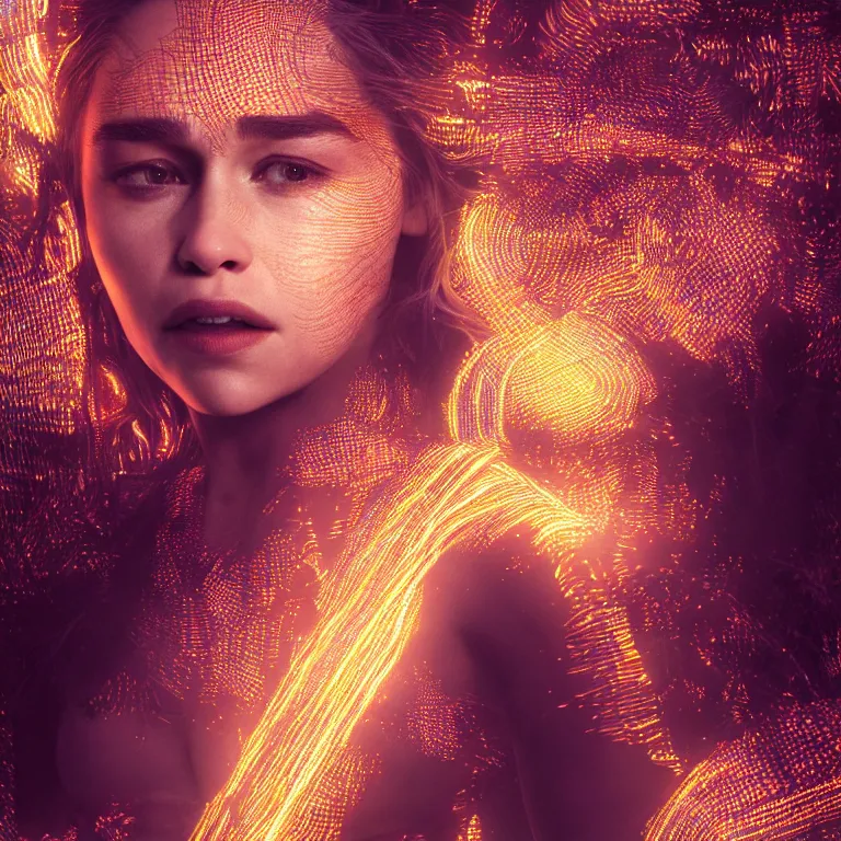 Image similar to emilia clarke covered in glowing lines, concept art, fantasy, extremely high detail, photorealism, octane render, 8 k