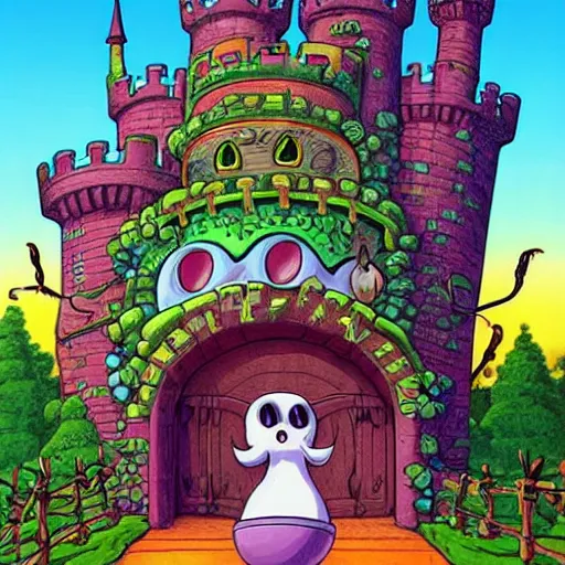 Image similar to anthropomorphic fantasy castle, a castle laughing, organic, bubbly towers and gates, eyes and tongue, surreal, cute artwork by studio ghibli, jim woodring