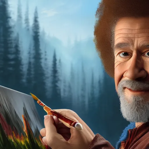 Image similar to a closeup photorealistic photograph of bob ross with a paintbrush and diligently finishing a canvas painting of iron man. mountains and trees. film still. brightly lit scene. this 4 k hd image is trending on artstation, featured on behance, well - rendered, extra crisp, features intricate detail, epic composition and the style of unreal engine.