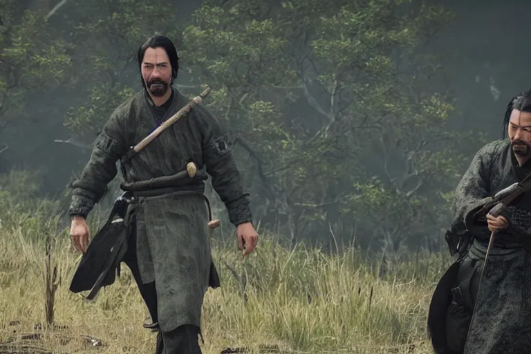 Image similar to keanu reeves in ghost of tsushima, cinematic, video game screenshot