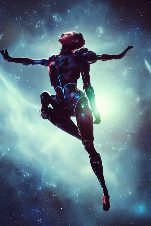 Image similar to woman cyborg floating in space letting go of reality and experiencing the quantum feild, matte painting comic book art, cinematic, highly detailed, realistic, beautiful cosmic neural network, octane render, unreal engine, depth of field, trending on artstation, sharp focus, philosophical splashes of colors