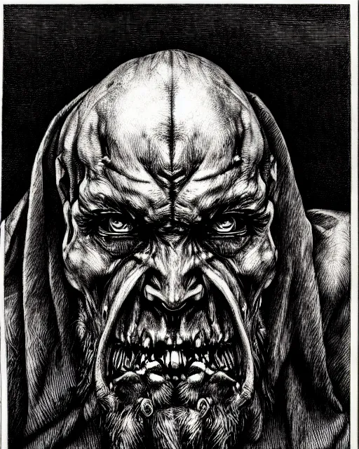 Image similar to orc, hyper realism, fine details, deviantart artstation, extremely detailed, black and white, very sharp, in the style of albrecht durer, etching,