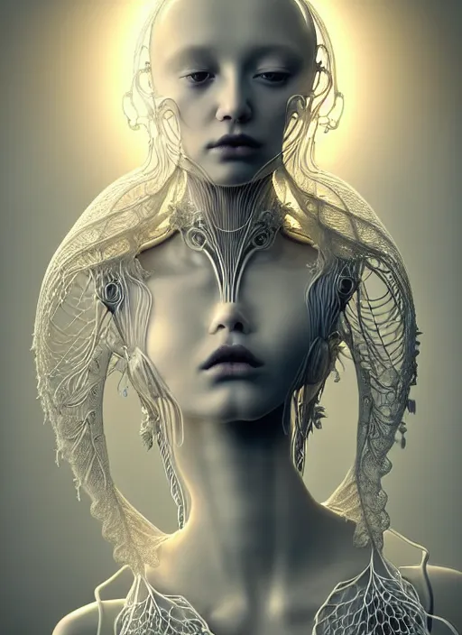 Image similar to dreamy soft luminous bw 3 d octane render, beautiful spiritual angelic biomechanical albino girl cyborg with a porcelain profile face, very long neck, rim light, big leaves and stems, roots, fine foliage lace, alexander mcqueen, art nouveau fashion embroidered collar, steampunk, silver filigree details, hexagonal mesh wire, mandelbrot fractal, elegant