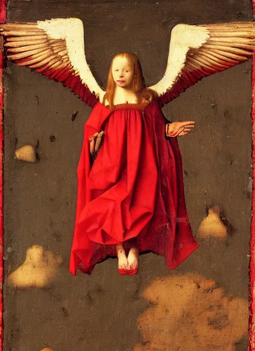 Image similar to Flying Fallen Angel with wings dressed in red, Medieval painting by Jan van Eyck, Johannes Vermeer, Florence