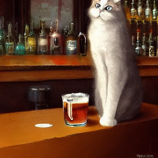 Image similar to of a british longhair cat sitting at the bar next to a beer, by greg rutkowski