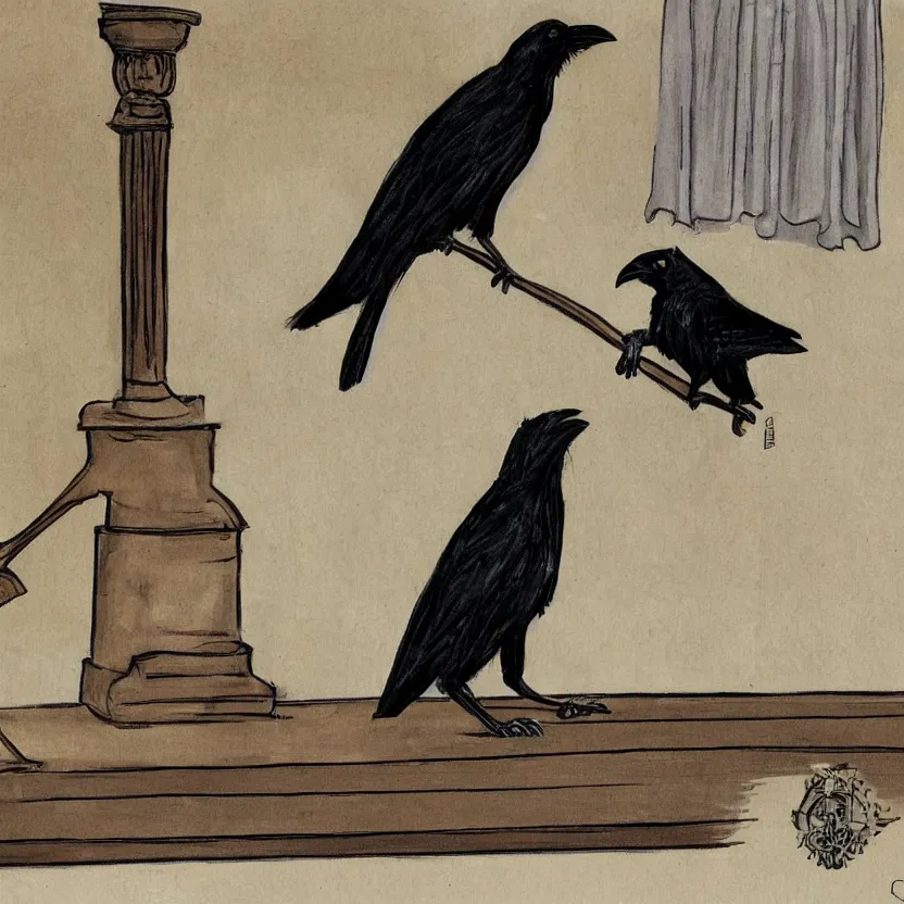 Image similar to a crow wearing judges robes sentences a cat to death for the crime of genocide, courtroom drawing