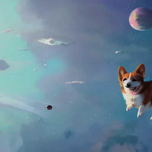 Prompt: a highly detailed digital illustration of a cute corgi puppy floating in outer space, hyperrealistic, stunning, beautiful, cinematic, sci - fi, greg rutkowski, artgerm, moebius, ruan jia, makoto shinkai, simon stalenhag