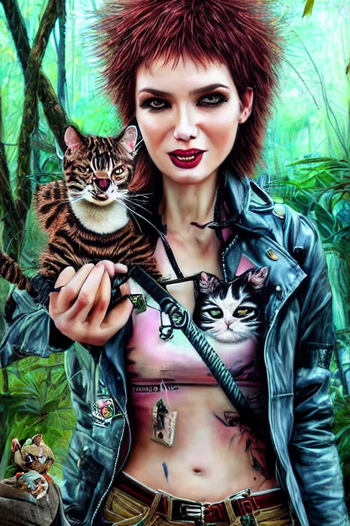 Image similar to cute punk rock girls making selfie in jungles with cats, mad max jacket, renaissance, cables on her body, hyper realistic style, oil painting, highly detailed, 4K, fantasy by Olga Fedorova