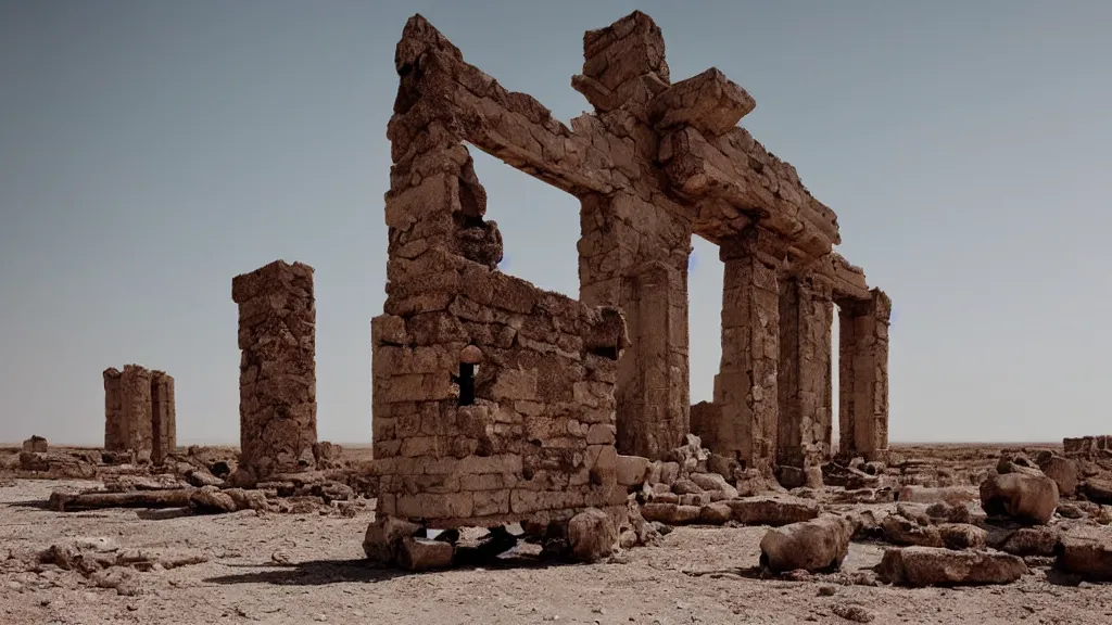 Prompt: surreal ancient alien ruins in the desert, photography by zhang kechun