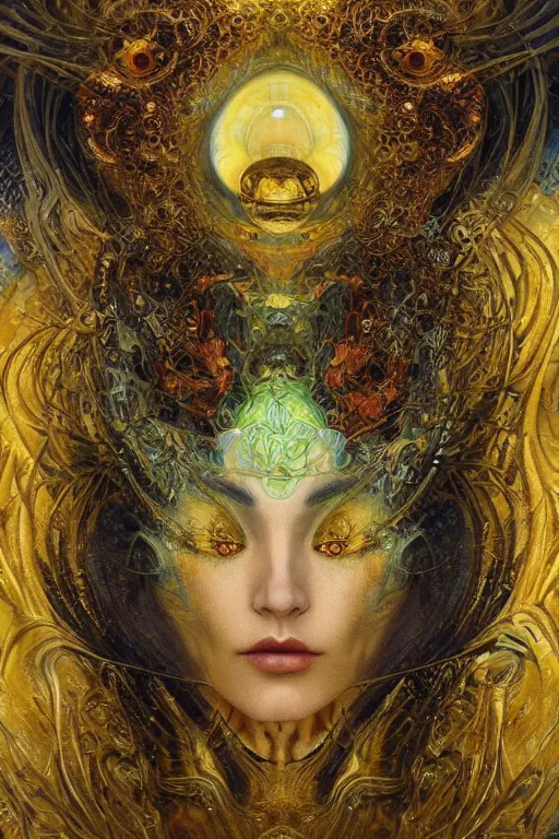 Image similar to Divine Chaos Engine by Karol Bak, Jean Deville, Gustav Klimt, and Vincent Van Gogh, beautiful visionary mystical portrait, sacred, otherworldly, fractal structures, surreal dreamscape, ornate gilded medieval icon, third eye, spirals