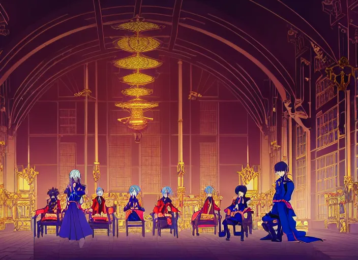 Image similar to key anime visual portrait of a castle's main hall interior with throne, servants, nobles, designed by mika pikazo, dynamic pose, dynamic perspective and angle, cinematic, film grain, detailed, intricate, at night, dramatic lighting, colorful, vivid