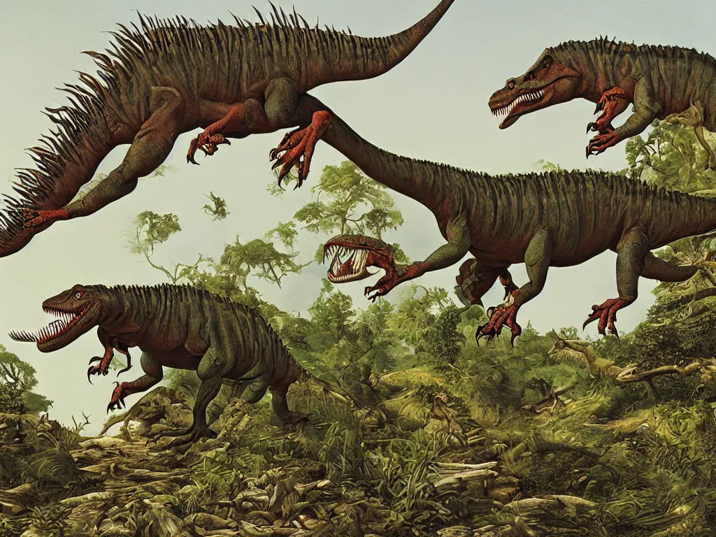 Image similar to Mutant dinosaur trapped in a ravine. Painting by Luigi Serafini, Walton Ford, Audubon