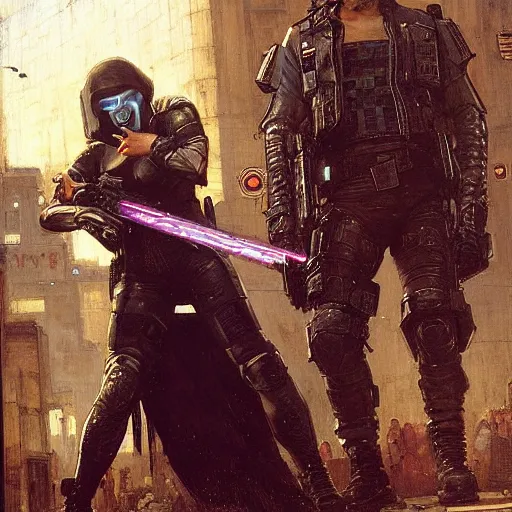 Prompt: Maria evades sgt rhodes. Cyberpunk hacker escaping Menacing Cyberpunk police trooper wearing a combat vest. Rainy streets (dystopian, police state, Cyberpunk 2077, bladerunner 2049). Iranian orientalist portrait by john william waterhouse and Edwin Longsden Long and Theodore Ralli and Nasreddine Dinet, oil on canvas. Cinematic, vivid colors, hyper realism, realistic proportions, dramatic lighting, high detail 4k
