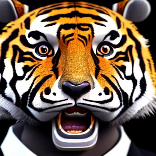 Prompt: portrait of an anthropomorphic tiger wearing a black suit, ultra detail, ultra realistic, soft fur, ssao 8 k, horror