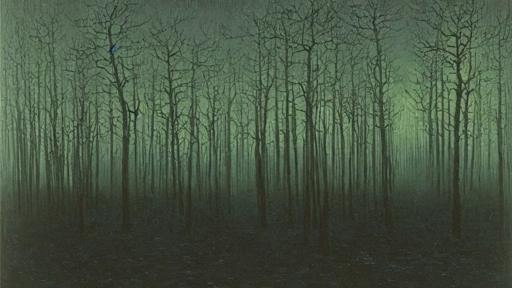 Image similar to Forest at night Landscape oil painting by Zdzisław Beksiński and Van Gogh